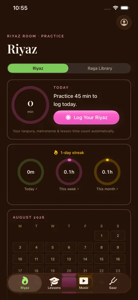 Riyaz Room practice streak screen, dark theme