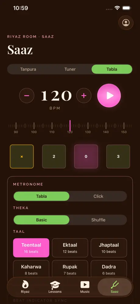 Riyaz Room tabla metronome screen, dark theme