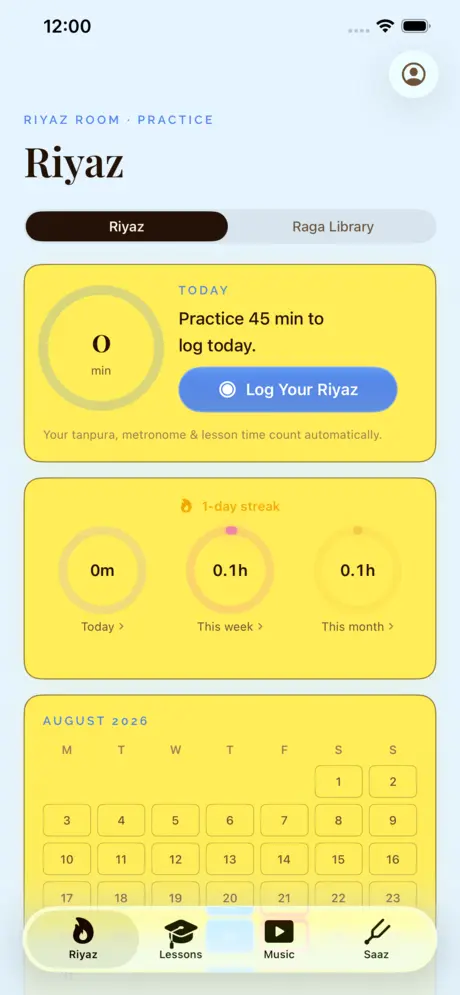 Riyaz Room practice streak, light theme