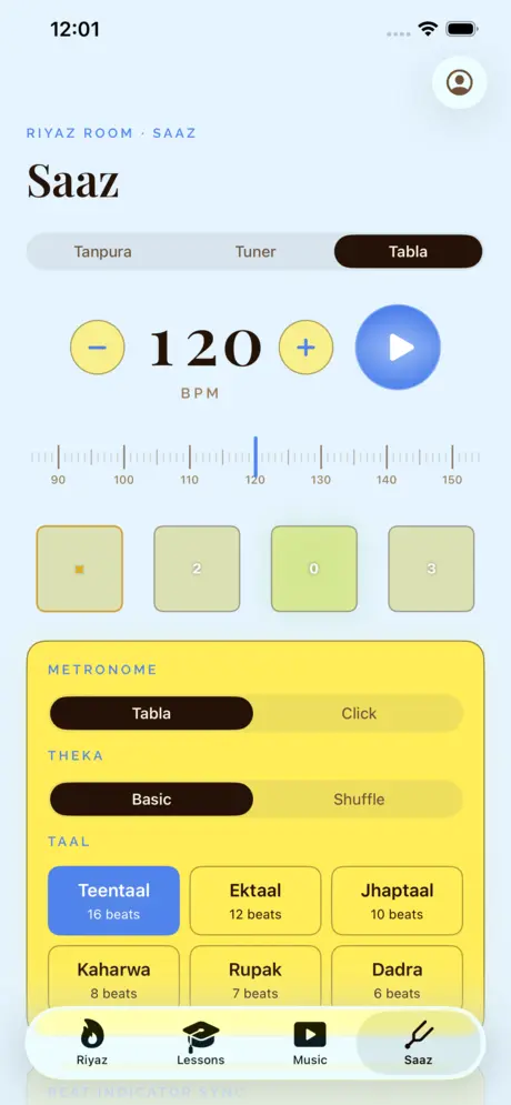 Riyaz Room tabla metronome, light theme