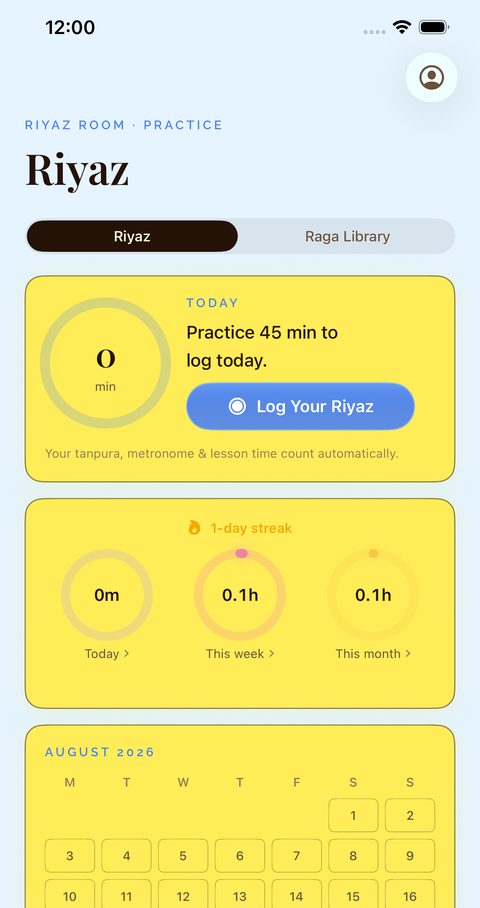 Riyaz Room riyaz log with streak and BPM history graph, light theme