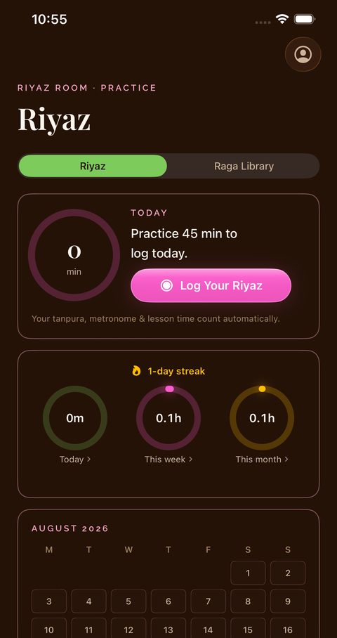 Riyaz Room riyaz log with streak and BPM history graph, dark theme