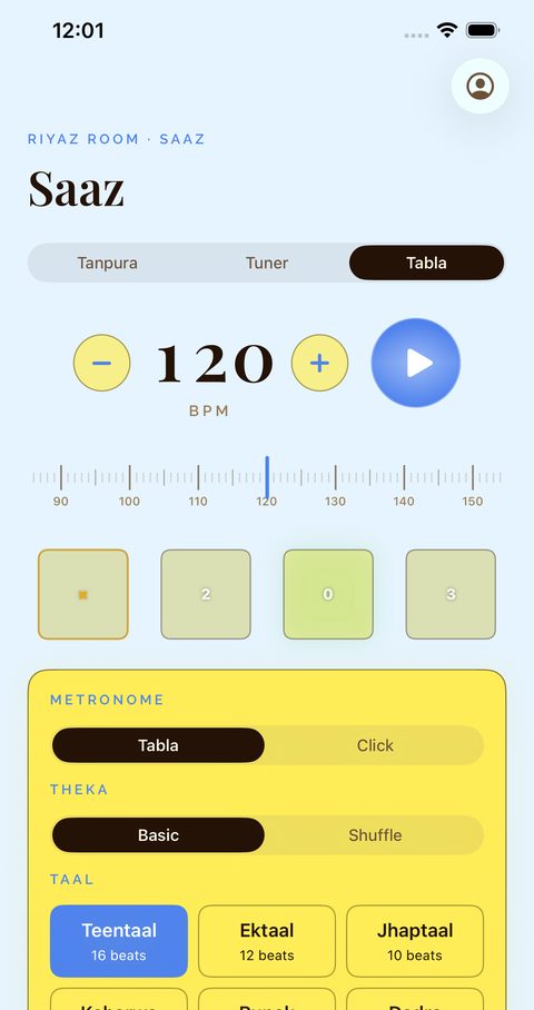 Riyaz Room tabla with six taals and BPM control, light theme