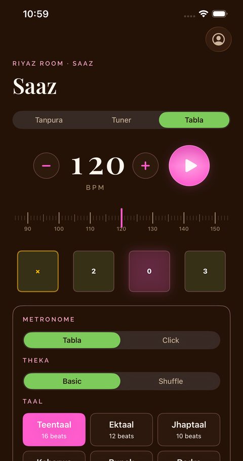 Riyaz Room tabla with six taals and BPM control, dark theme